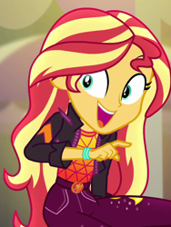 Size: 790x1049 | Tagged: safe, screencap, sunset shimmer, equestria girls, equestria girls series, g4, sunset's backstage pass!, spoiler:eqg series (season 2), cropped, female, geode of empathy, happy, magical geodes, smiling, solo