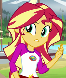 Size: 538x639 | Tagged: safe, screencap, sunset shimmer, equestria girls, g4, my little pony equestria girls: legend of everfree, camp everfree logo, camp everfree outfits, cropped, cute, female, shimmerbetes, solo