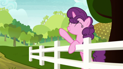 Size: 1920x1080 | Tagged: safe, screencap, sugar belle, pony, unicorn, g4, marks for effort, 1080p, ^^, cute, eyes closed, female, fence, mare, sugarbetes, tree, waving