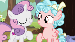 Size: 1920x1080 | Tagged: safe, screencap, cozy glow, sweetie belle, pegasus, pony, unicorn, g4, marks for effort, season 8, duo, eyes closed, female, filly, hoof on chest