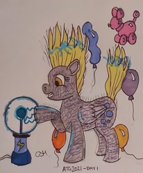 Size: 1233x1497 | Tagged: safe, artist:rapidsnap, brian, derpy hooves, pegasus, pony, g4, balloon, balloon animal, electricity, party balloon, plasma ball, static, static electricity