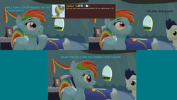 Size: 3840x2160 | Tagged: safe, artist:sexy rd, rainbow dash, soarin', pegasus, pony, series:ask sexy rainbow dash, g4, 3 panel comic, 3d, alternate universe, ask, butt, comic, female, happy, high res, large butt, mare, plot, rainbow dash's bedroom, rainbow dash's house, rainbutt dash, revamped ponies, room, solo, source filmmaker