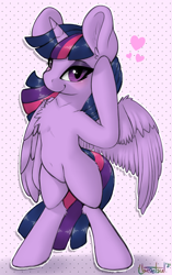 Size: 946x1510 | Tagged: safe, artist:llametsul, twilight sparkle, alicorn, pony, g4, atg 2021, belly button, big ears, bipedal, chest fluff, female, heart, mare, newbie artist training grounds, patterned background, signature, smiling, solo, standing, twilight sparkle (alicorn), white outline, wings