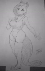 Size: 1800x2816 | Tagged: safe, artist:jonvolker, fluttershy, anthro, plantigrade anthro, g4, big breasts, breasts, clothes, looking at you, panties, smiling, socks, swimsuit, tank top, thigh highs, traditional art, underwear
