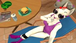 Size: 2920x1642 | Tagged: safe, artist:sfm_mlp_goblin, oc, oc only, oc:hazel radiate, unicorn, anthro, plantigrade anthro, 3d, anthro oc, asexual, aviator sunglasses, beach chair, breasts, burger, camera shot, chair, cheeseburger, clothes, commission, commissioner:biohazard, drink, eyebrows, eyelashes, feet, female, food, hamburger, highlights, horn, looking at you, magazine, one-piece swimsuit, painted nails, sitting, solo, sunglasses, swimsuit, toe socks, unicorn oc, ych result