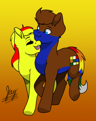 Size: 1137x1437 | Tagged: safe, artist:jay_wackal, oc, oc only, oc:marmalade, oc:rubik, earth pony, pegasus, pony, base used, happy, smiling