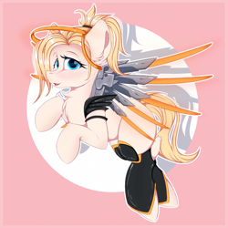 Size: 1300x1300 | Tagged: safe, artist:chura chu, pegasus, pony, artificial wings, augmented, bracelet, chest fluff, drawing, female, halo, jewelry, looking at you, mare, mechanical wing, mercy, overwatch, ponified, shadow, solo, wings