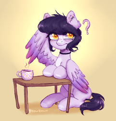 Size: 612x636 | Tagged: safe, artist:zowzowo, oc, oc only, oc:kat, pegasus, pony, black hair, choker, colored wings, colored wingtips, confused, cup, ear fluff, feathered wings, female, food, full body, head scratch, mare, piercing, question mark, simple background, sitting, solo, table, tea, teacup, three quarter view, wings, yellow background, yellow eyes
