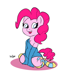 Size: 2162x2435 | Tagged: safe, artist:datzigga, pinkie pie, earth pony, pony, g4, belly, clothes, cute, diapinkes, high res, human shoulders, off shoulder, socks, solo