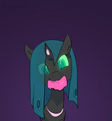 Size: 600x646 | Tagged: safe, artist:carnifex, queen chrysalis, changeling, changeling queen, pony, g4, bootleg, female, looking at you, mare, mouth hold, simple background, smiling