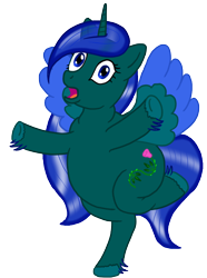 Size: 892x1200 | Tagged: safe, artist:soobel, oc, oc:dusklight blossom, alicorn, pony, atg 2021, fat, open mouth, standing, standing on one leg