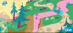Size: 4096x1880 | Tagged: safe, artist:artywilo, fluttershy, pegasus, pony, a camping we will go, g4.5, my little pony: pony life, official, bridge, cliff, concept art, eone, female, grass, log, logo, my little pony logo, path, river, rock, solo, text, tree, water, waterfall