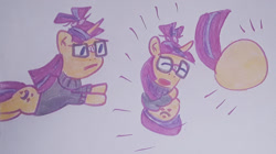 Size: 1280x718 | Tagged: safe, artist:dex stewart, moondancer, pony, unicorn, g4, ball, balldancer, clothes, crossover, female, glasses, male, mare, rolling, solo, sonic the hedgehog, sonic the hedgehog (series), spin dash, sweater, traditional art