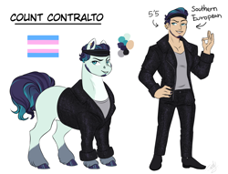 Size: 2034x1555 | Tagged: safe, artist:theartfox2468, coloratura, earth pony, human, pony, g4, alternate hairstyle, beard, clothes, description is relevant, ear piercing, earring, facial hair, grin, headband, humanized, jacket, jewelry, leather jacket, male, markings, missing cutie mark, nail polish, ok hand sign, piercing, pride, pride flag, rara, redesign, reference sheet, shirt, shoes, simple background, smiling, solo, stallion, t-shirt, trans male, transgender, transgender pride flag, unshorn fetlocks, white background
