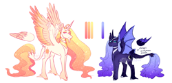 Size: 4256x2056 | Tagged: source needed, useless source url, safe, artist:starryeggs, princess celestia, princess luna, alicorn, bat pony, pony, g4, bat wings, beard, colored wings, colored wingtips, curved horn, duo, facial hair, horn, leonine tail, lidded eyes, looking at you, next generation, redesign, reference sheet, smiling, tail, tail feathers, unshorn fetlocks, watermark, wings