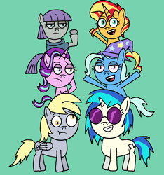 Size: 3000x3200 | Tagged: safe, artist:mlp-vs-capcom, boulder (g4), derpy hooves, dj pon-3, maud pie, starlight glimmer, sunset shimmer, trixie, vinyl scratch, earth pony, pegasus, pony, unicorn, g4, :t, chibi, female, grin, high res, lidded eyes, mare, open mouth, open smile, smiling