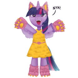 Size: 3000x3000 | Tagged: safe, artist:catachromatic, twilight sparkle, alicorn, semi-anthro, g4, animal costume, bracelet, cat costume, cat ears, clothes, costume, cute, cute little fangs, digital painting, dress, fake ears, fangs, female, high res, jewelry, open mouth, paw gloves, paw pads, paw socks, signature, simple background, smashin' fashion, solo, text, toy interpretation, twiabetes, twilight sparkle (alicorn), white background