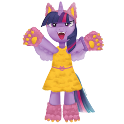 Size: 3000x3000 | Tagged: safe, alternate version, artist:catachromatic, twilight sparkle, alicorn, semi-anthro, g4, animal costume, bracelet, cat costume, cat ears, clothes, costume, cute, cute little fangs, digital painting, dress, fake ears, fangs, female, high res, jewelry, open mouth, paw gloves, paw pads, paw socks, signature, simple background, smashin' fashion, solo, textless version, toy interpretation, twiabetes, twilight sparkle (alicorn), white background