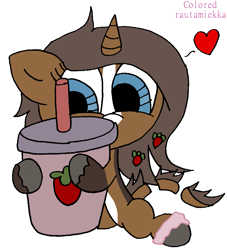 Size: 957x1055 | Tagged: safe, artist:colt687, colorist:rautamiekka, oc, oc only, oc:strawberry cocoa (the coco clan), monster pony, pony, unicorn, accessory, anklet, black outlines, blaze (coat marking), blue eyes, brown coat, coat markings, colored, colored hooves, cup, digital art, drinking straw, eyelashes, facial markings, female, floppy ears, food, heart, horn, hug, lighter underbelly, looking at something, mare, no catchlights, present, segmented tail, signature, simple background, sitting, smoothie, solo, strawberry, tail, tiny, tiny ponies, two toned coat, unshorn fetlocks, white background