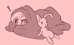 Size: 1804x1114 | Tagged: safe, artist:nookprint, fluttershy, pegasus, pony, g4, blanket, cute, daaaaaaaaaaaw, exclamation point, female, hiding, lying down, mare, monochrome, plushie, prone, red background, redscale, shy, shyabetes, simple background, solo