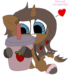 Size: 957x1055 | Tagged: safe, artist:colt687, colorist:rautamiekka, oc, oc only, oc:strawberry cocoa (the coco clan), monster pony, pony, unicorn, accessory, anklet, blaze (coat marking), blue eyes, brown coat, coat markings, colored, colored hooves, cup, digital art, drinking straw, eyelashes, facial markings, female, floppy ears, food, gray hooves, heart, hooves, horn, hug, lighter underbelly, looking at something, mare, no catchlights, pony oc, present, segmented tail, signature, simple background, sitting, smoothie, solo, strawberry, tail, tiny, tiny ponies, two toned coat, unicorn oc, unshorn fetlocks, white background
