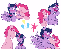 Size: 6000x4824 | Tagged: safe, artist:chub-wub, pinkie pie, twilight sparkle, alicorn, earth pony, pony, g4, absurd resolution, alternate hairstyle, blushing, boop, bubble berry, dusk shine, eyes closed, female, flustered, gay, grin, half r63 shipping, lesbian, male, mare, noseboop, open mouth, raised hoof, rule 63, ship:bubbleshine, ship:duskpie, ship:sparkleberry, ship:twinkie, shipping, simple background, smiling, stallion, straight, twilight sparkle (alicorn), white background