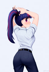 Size: 1500x2170 | Tagged: safe, artist:mrscroup, twilight sparkle, human, g4, adorasexy, ass, blushing, breasts, busty twilight sparkle, butt, curvy, cute, hair tie, hourglass figure, humanized, looking at you, looking back, looking back at you, ponytail, rear view, sexy, simple background, solo, twiabetes, twibutt, white background, wide eyes, wide hips