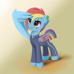 Size: 2000x2000 | Tagged: safe, artist:darksly, rainbow dash, pegasus, pony, g4, alternate timeline, amputee, apocalypse dash, artificial wings, atg 2021, augmented, crystal war timeline, eye scar, female, high res, mare, newbie artist training grounds, prosthetic limb, prosthetic wing, prosthetics, salute, scar, smiling, solo, torn ear, wing salute, wings