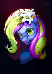 Size: 2152x3024 | Tagged: safe, artist:teaflower300, oc, oc only, oc:novastar blaze, pony, bust, female, flower, flower in hair, high res, mare, solo