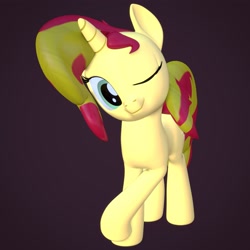 Size: 4000x4000 | Tagged: safe, artist:wissle, sunset shimmer, pony, unicorn, g4, 3d, absurd resolution, atg 2021, blender, crossed legs, cute, female, looking at you, mare, newbie artist training grounds, one eye closed, shimmerbetes, simple background, smiling, solo, wink, winking at you
