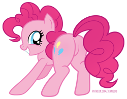 Size: 1200x937 | Tagged: safe, artist:jennieoo, pinkie pie, earth pony, pony, g4, ass up, balloonbutt, butt, female, grin, happy, looking at you, mare, plot, show accurate, simple background, smiling, smiling at you, solo, transparent background, vector