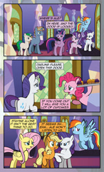 Size: 1920x3169 | Tagged: safe, artist:alexdti, applejack, fluttershy, pinkie pie, rainbow dash, rarity, twilight sparkle, oc, oc:brainstorm (alexdti), oc:star logic, alicorn, earth pony, pegasus, pony, unicorn, comic:quest for friendship, g4, comic, cupcake, female, food, high res, horn, male, mane six, mare, stallion, twilight sparkle (alicorn), unicorn oc