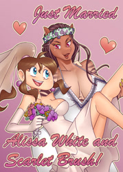Size: 2152x3000 | Tagged: safe, artist:nauth, oc, oc only, oc:alissa, oc:scarlet brush, hybrid, zebra, zony, anthro, big breasts, bouquet, breasts, bridal carry, bride, carrying, cleavage, clothes, community related, dress, duo, duo female, female, flower, gradient background, happy, high res, lesbian, wedding dress, zebra oc, zony oc