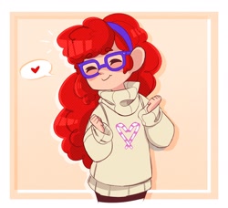 Size: 2464x2246 | Tagged: safe, artist:syrupyyy, twist, human, g4, clothes, cute, eyes closed, female, hairband, heart, high res, humanized, pictogram, solo, speech bubble, sweater, twistabetes