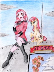 Size: 2434x3221 | Tagged: safe, artist:40kponyguy, derpibooru exclusive, roseluck, earth pony, human, g4, boots, clothes, crossover, cup, ear fluff, female, girls und panzer, high res, mare, miniskirt, raised hoof, rosehip (girls und panzer), schrödinger's pantsu, shoes, skirt, st. gloriana, teacup, traditional art, uniform