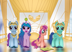 Size: 900x650 | Tagged: safe, artist:soft_angel, izzy moonbow, sunny starscout, thunder flap, zoom zephyrwing, earth pony, pegasus, pony, unicorn, g4, g5, armor, ball, book, female, g5 to g4, generation leap, guardsmare, izzy's tennis ball, male, mare, pegasus royal guard, royal guard, scene interpretation, show accurate, stallion, tennis ball