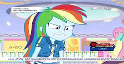 Size: 1389x720 | Tagged: safe, screencap, fluttershy, rainbow dash, dashing through the mall, equestria girls, equestria girls series, g4, holidays unwrapped, spoiler:eqg series (season 2), 100% rage, 200% angry, angry, furious, geode of super speed, gritted teeth, magical geodes, narrowed eyes, rage, ragebow dash, rajawali televisi, rtv, wrong aspect ratio