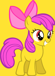 Size: 900x1242 | Tagged: safe, artist:katielinda45, apple bloom, earth pony, pony, g1, g4, apple bloom's bow, bow, female, filly, g4 style, grin, hair bow, simple background, smiling, solo, yellow background