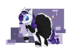 Size: 1820x1280 | Tagged: safe, artist:creamyexxx, rarity, pony, unicorn, g4, blushing, bowtie, clothes, dress, eyeshadow, female, maid, maid headdress, maidity, makeup, mare, raised hoof, simple background, solo, stockings, thigh highs, transparent background, ych example, your character here