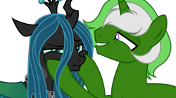Size: 1237x692 | Tagged: safe, artist:arshe12, queen chrysalis, oc, oc:chain whip, changeling, pony, unicorn, g4, canon x oc, chaisalis, cheek squish, crown, duo, duo male and female, female, hooves on cheeks, horn, jewelry, male, mare, regalia, shipping, simple background, squishy cheeks, stallion, straight, transparent background, unicorn oc