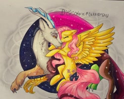 Size: 1080x865 | Tagged: safe, artist:rushaa, discord, fluttershy, draconequus, pegasus, pony, g4, abstract background, antlers, drawing, female, kissing, large wings, long mane, male, night, nose kiss, ship:discoshy, shipping, sparkles, stars, straight, swirls, text, wings