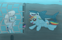 Size: 1700x1100 | Tagged: safe, artist:pacificgreen, pinkie pie, rainbow dash, soarin', beluga whale, fish, shark, whale, whale shark, g4, bailey, blue tang, destiny (finding dory), dory, finding dory, glasses, trio