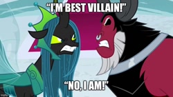 Size: 800x450 | Tagged: safe, edit, edited screencap, screencap, lord tirek, queen chrysalis, centaur, changeling, changeling queen, taur, g4, season 9, the ending of the end, angry, antagonist, argument, bracer, caption, crown, duo, female, gritted teeth, image macro, jewelry, looking at each other, male, mare, nose piercing, nose ring, piercing, regalia, scowl, septum piercing, text, ultimate chrysalis