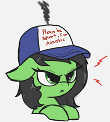 Size: 1735x1925 | Tagged: safe, artist:t72b, oc, oc only, oc:filly anon, earth pony, pony, :<, :c, acoustic, angry, autism, bust, cute, ears back, female, filly, frown, glare, hat, madorable, ocbetes, pun, simple background, solo, white background