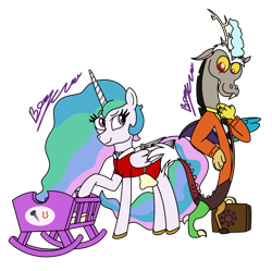 Size: 1280x1274 | Tagged: safe, artist:pixelemelee, discord, princess celestia, alicorn, draconequus, pony, g4, apron, briefcase, clothes, crib, dress, female, implied screwball, looking at each other, male, mare, ship:dislestia, shipping, simple background, smiling, smiling at each other, straight, suit, transparent background