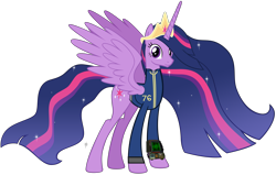 Size: 14622x9290 | Tagged: safe, artist:php170, twilight sparkle, alicorn, pony, fallout equestria, g4, the last problem, absurd resolution, clothes, crown, ethereal mane, fallout, fallout 76, female, horn, jewelry, jumpsuit, long horn, looking at you, mare, older, older twilight, older twilight sparkle (alicorn), pip-boy 2000 mark vi, pipboy, princess twilight 2.0, regalia, simple background, smiling, smiling at you, solo, sparkles, transparent background, twilight sparkle (alicorn), vault suit, vector
