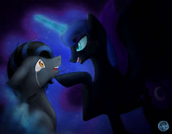 Size: 1024x800 | Tagged: safe, artist:subduedmoon, nightmare moon, oc, oc:nightwind, alicorn, bat pony, pony, g4, bat pony oc, crying, duo, female, looking at each other, male, mare, open mouth, sharp teeth, stallion, teeth