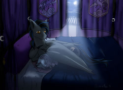 Size: 1280x933 | Tagged: safe, artist:subduedmoon, princess luna, oc, oc:nightwind, bat pony, g4, bed, eyes closed, female, filly, filly luna, moon, moonlight, woona, younger