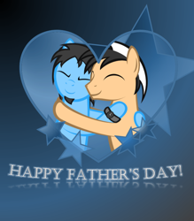 Size: 662x756 | Tagged: safe, artist:strategypony, oc, oc:gary, oc:lancer, earth pony, pony, cute, father and child, father and son, father's day, heart, hug, male, stars, text, watch, wristwatch