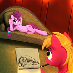 Size: 2000x2000 | Tagged: safe, artist:darksly, big macintosh, sugar belle, earth pony, pony, unicorn, g4, armpits, atg 2021, bedroom eyes, couch, draw me like one of your french girls, female, freckles, high res, male, mare, missing horn, mouth hold, newbie artist training grounds, pencil, pencil drawing, reference, ship:sugarmac, shipping, stallion, straight, titanic, traditional art